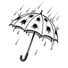 Hand drawn umbrella with holes and raindrops, illustrating a stormy weather condition with detail