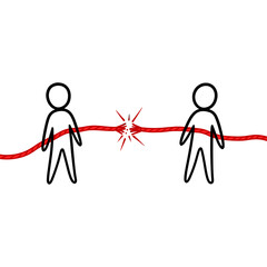 Two stick figures connected by a red rope that is breaking apart in the middle between the figures