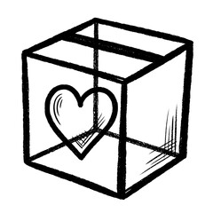 Heart outline inside a wireframe cube structure with visible line drawing and perspective view style