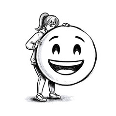 Illustration of a girl holding a large smiley face with a cheerful expression in a playful pose