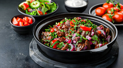 Hearty meat and vegetable stew, garnished with fresh herbs and red onions in a black pot, served alongside various fresh ingredients on a dark, rustic table.