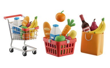 Fresh groceries fill shopping cart, basket and bag symbolizing healthy shopping and abundance