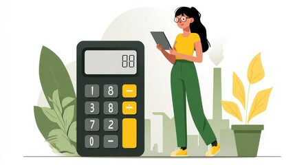 Woman using calculator, surrounded by plants and a factory