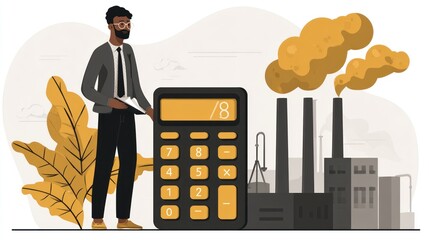 Businessman and calculator, factory pollution