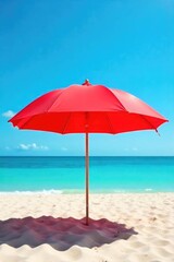 A vibrant red beach umbrella provides shade on a sunny, sandy beach The umbrella stands tall against a clear blue sky, offering a perfect spot for relaxation and sun protection , coastal, holiday