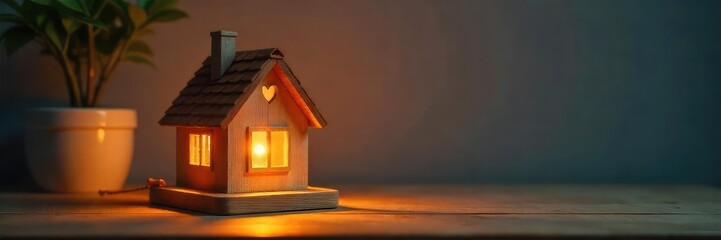 A whimsical tabletop lamp, shaped like a tiny house, sits on a wooden surface, casting a warm glow  Perfect for home decor, interior design, and real estate imagery ,  wooden table,  dwelling,  cute