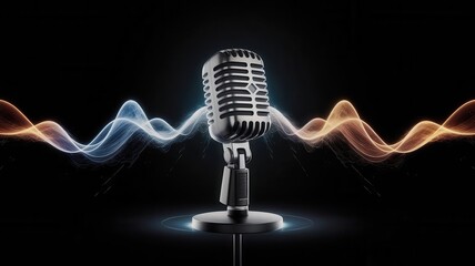 Sleek vintage microphone captures vibrant soundwaves in captivating studio display