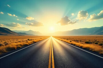 Fototapeta premium Endless asphalt ribbon vanishing into the hazy distance, sun-drenched landscape stretching towards the horizon A scenic summer highway journey awaits , destination, adventure