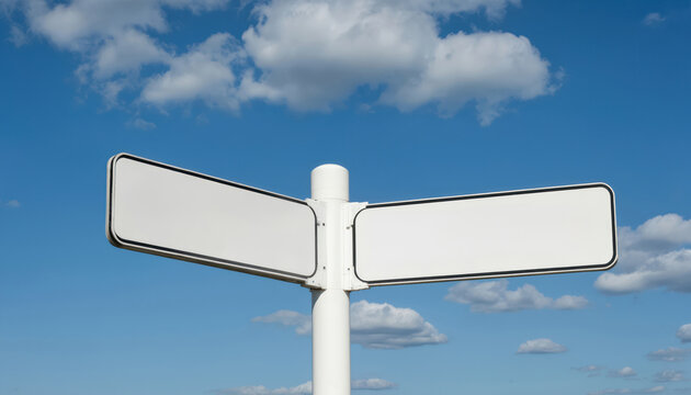 White road sign with black lettering on white pole mounted on right side. Sign slightly tilted to left. Clear blue sky with fluffy white clouds in background. Blue sky represents recovery, white sign - Powered by Adobe