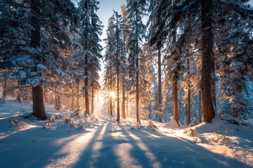 Winter wonderland forest bathed in golden sunlight