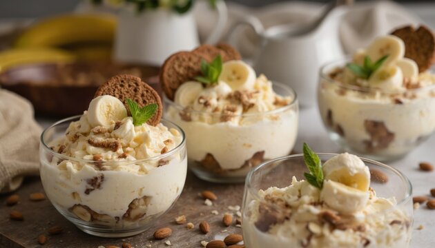 Three glass cups filled with creamy banana mascarpone mousse dessert layered with crumbled cookies, nuts. Topped with fresh banana slices, mint leaves, cookie crumbs. Delightful sweet treat for - Powered by Adobe