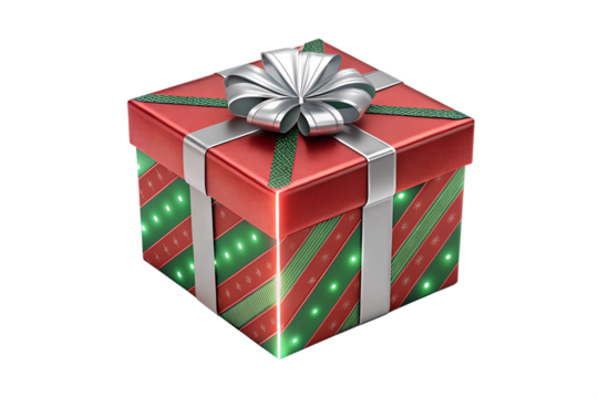 Festive red and green gift box with silver ribbon and bow isolated on transparent background for christmas and holiday celebrations