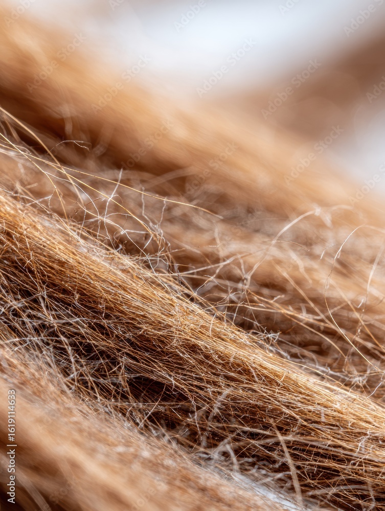 Poster close-up view of split ends showcasing macro texture with a gradual fade to white background