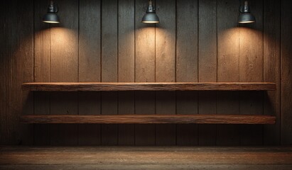 Wooden shelving unit with hanging lights.  Dark room