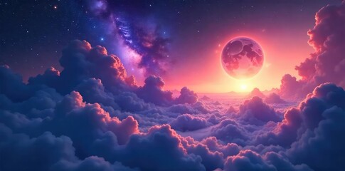Mystical sky at twilight, swirling nebulae and celestial bodies create a dreamlike ethereal landscape Perfect for fantasy, science fiction, and spiritual themes , galaxy, deep space