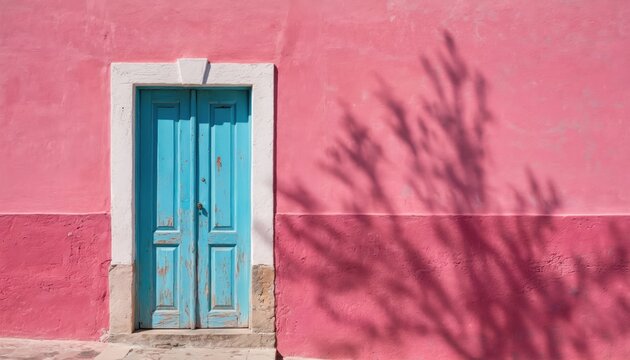 Weathered blue wooden door with white trim stands against vibrant pink wall, showcasing striking contrast. Shadows of tree leaves dapple textured facade, suggesting sunny outdoor setting in Morocco. - Powered by Adobe