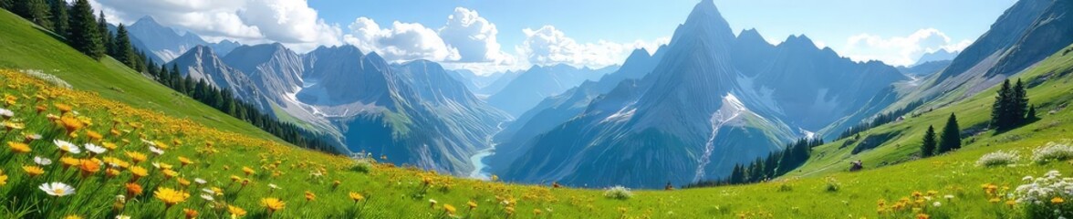 Fototapeta premium Serene alpine meadow nestled high in the mountains, wildflowers blooming amidst towering peaks and clear blue sky Lush green grass, dramatic rocky landscape , mountains, blue sky