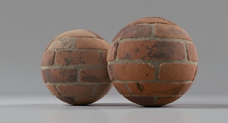 Two Weathered Red Brick Textured Spheres on a Neutral Grey Background Masonry Material Study
