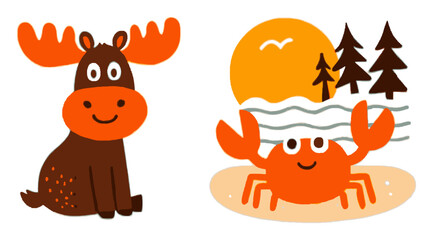 Obraz premium Cute Moose and Crab Cartoon Characters in a Nature Setting for Kids