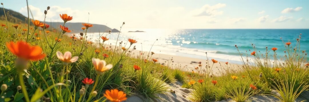 Serene coastal meadow bathed in sunlight, wildflowers swaying gently in the sea breeze A tranquil scene of nature's beauty where sand meets grassland , landscape, calm