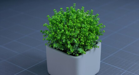 Vibrant Green Potted Plant in Modern Grey Pot on Grid Background for Minimalist Home and Office