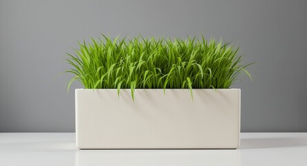 Vibrant Green Grass in Modern White Planter on Clean Surface  Minimalist Indoor Plant Decor an