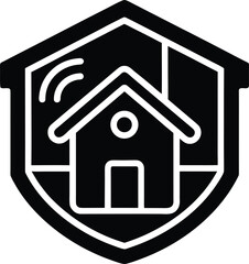 Black and white icon of a house within a shield with wifi signal home security