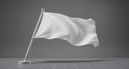 Waving White Flag on Pole Against Neutral Gray Background  Blank Canvas for Design Symbolism