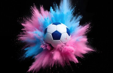 Soccer ball explodes in vibrant pink and blue powder cloud. Dynamic motion effect captures energy and action. High-colored Holi powder bursts against black background, creating abstract sports art.