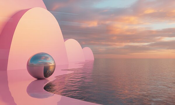 Abstract 3D landscape with sphere and ocean at sunset