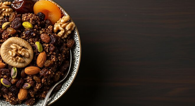 Sephardic Charoset Recipe with Dried Fruits and Nuts &ndash; Traditional Jewish Passover Dish, Rich in Almonds, Walnuts, Raisins, Figs, and Dates, Served in Ornate Bowl