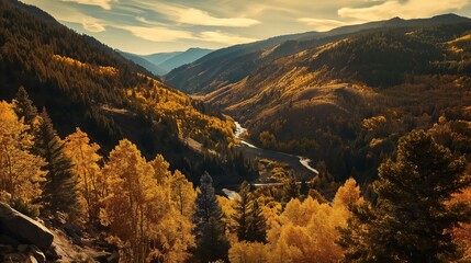 Autumn mountain valley with golden foliage.