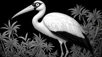Monochrome Illustration of a Crane Among Tropical Foliage