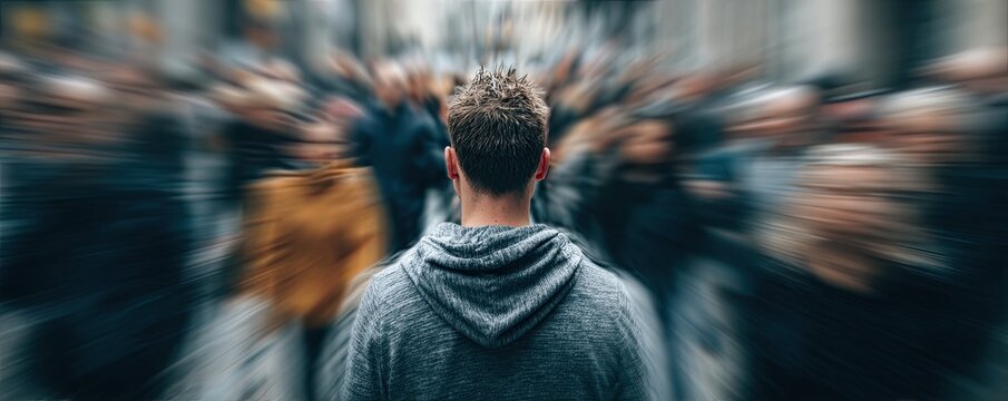 A person stands amidst a bustling crowd