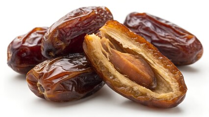 Fototapeta premium Split open dried dates, sticky and dark brown, oozing a rich natural sheen
