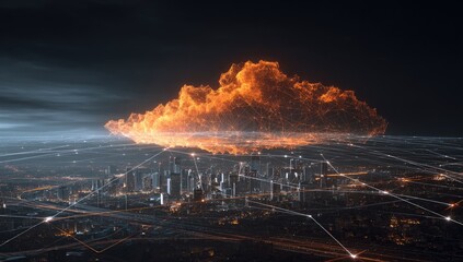 Fiery Cloud over Cityscape at Night Digital Network