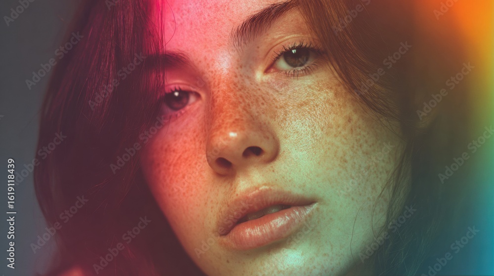 Aufkleber freckled face with artistic filter and gradient background expressing natural beauty and unique feat