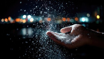 Hand releasing a flurry of particles at night