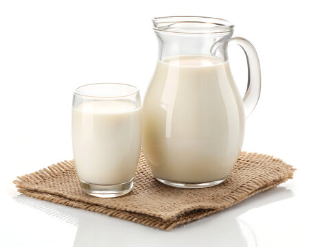 A glass of milk and a pitcher of milk sitting on a burlap cloth against a white background studio shot - Powered by Adobe
