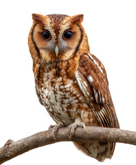 Obraz premium Close-up of an owl perched calmly on a branch, isolated on transparent background.