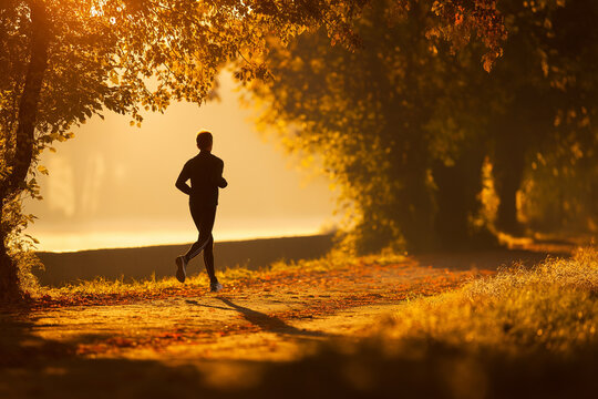 Silhouette of a runner on a path covered in autumn leaves, golden hour light, natural peaceful atmosphere. - Powered by Adobe