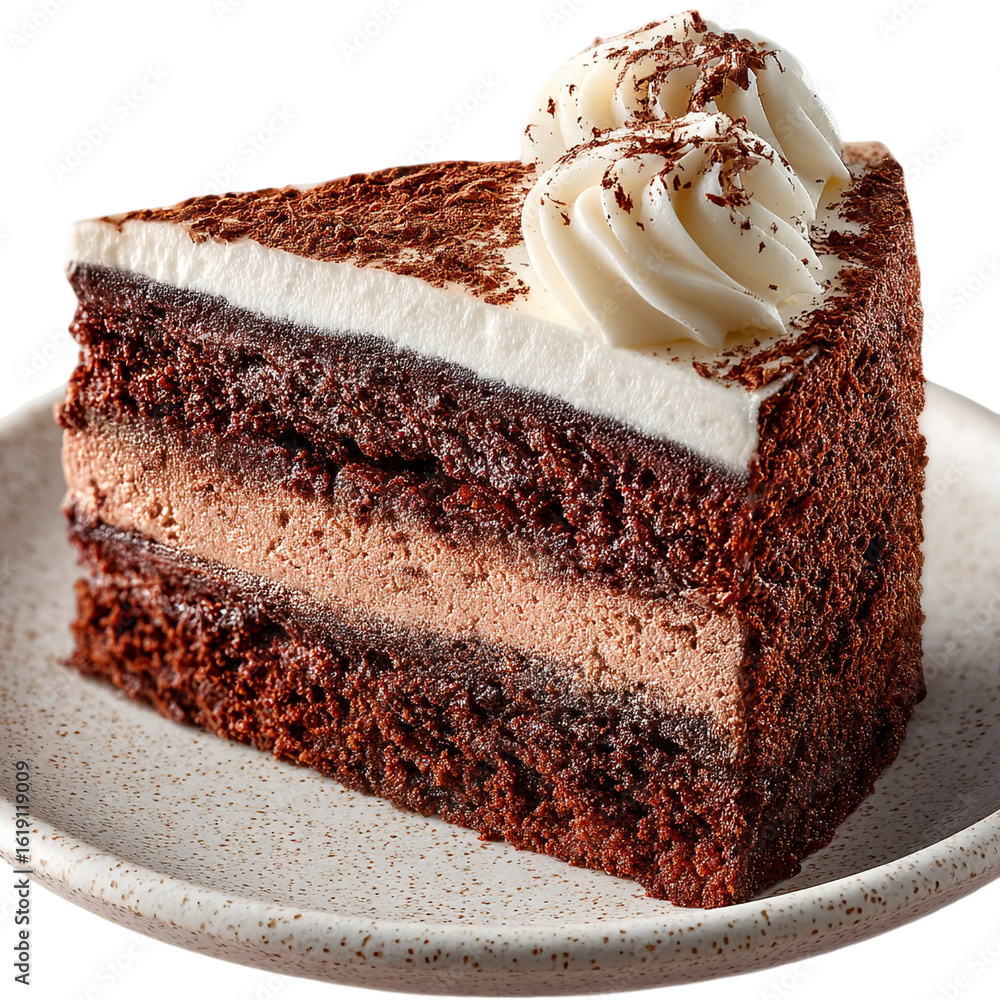 Poster a close up shot of a slice of chocolate cake with white frosting swirls isolated on transparent back