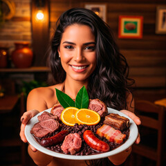 Smiling Woman Serving Feijoada in a Rustic Setting