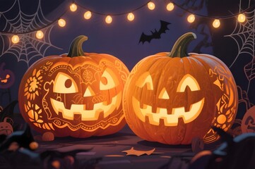 Halloween Pumpkins with String Lights and Spiders