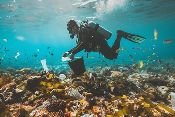 Faceless scuba diver removing plastic waste from seabed, underwater cleanup scene, environmental action concept.