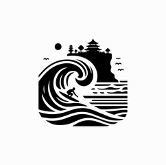 Minimalist Black Vector Logo of Surfer Riding Wave with Sea Temple on Cliff Isolated on White Background