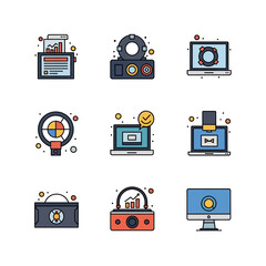 A collection of colorful, flat-design icons representing various technological devices and data analysis.