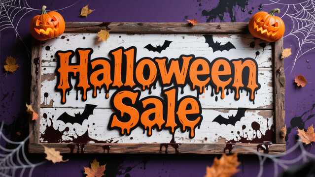 A spooky yet festive Halloween-themed sign with the text 'Halloween Sale' in bold, dripping orange letters outlined in black. Halloween, Halloween Costumes, Halloween Background, Happy Halloween - Powered by Adobe