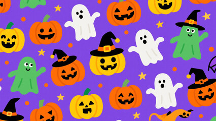 Naklejka premium A vibrant and whimsical Halloween-themed pattern featuring cheerful jack-o'-lanterns with friendly, carved faces in bright orange, yellow, and green. Halloween, Halloween Costumes