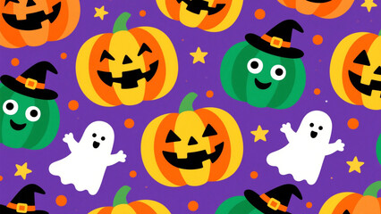 Obraz premium A vibrant and whimsical Halloween-themed pattern featuring cheerful jack-o'-lanterns with friendly, carved faces in bright orange, yellow, and green. Halloween, Halloween Costumes